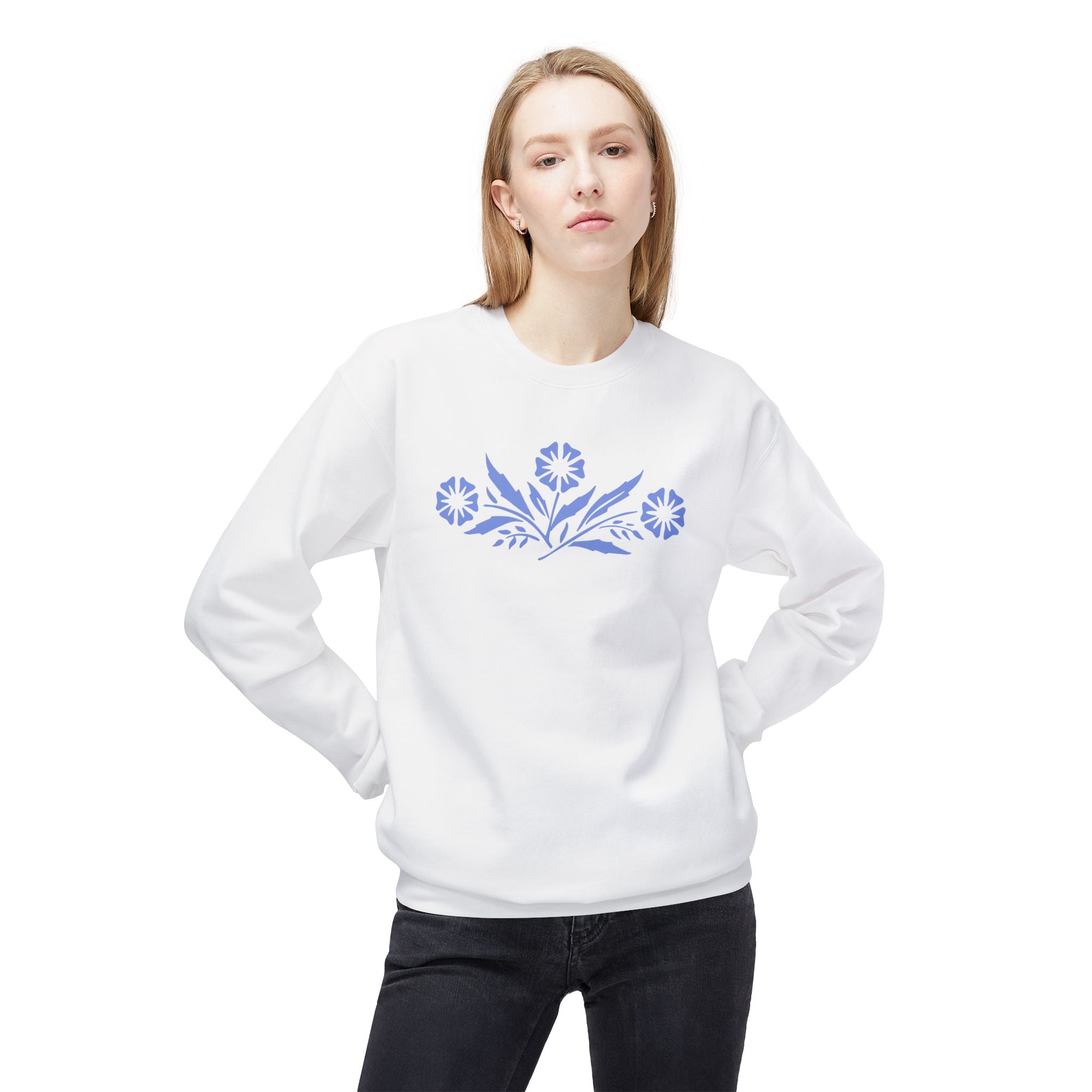 Vintage Corningware-Inspired Crewneck Sweatshirt | Retro Blue Cornflower Dish Design - Deez Teez