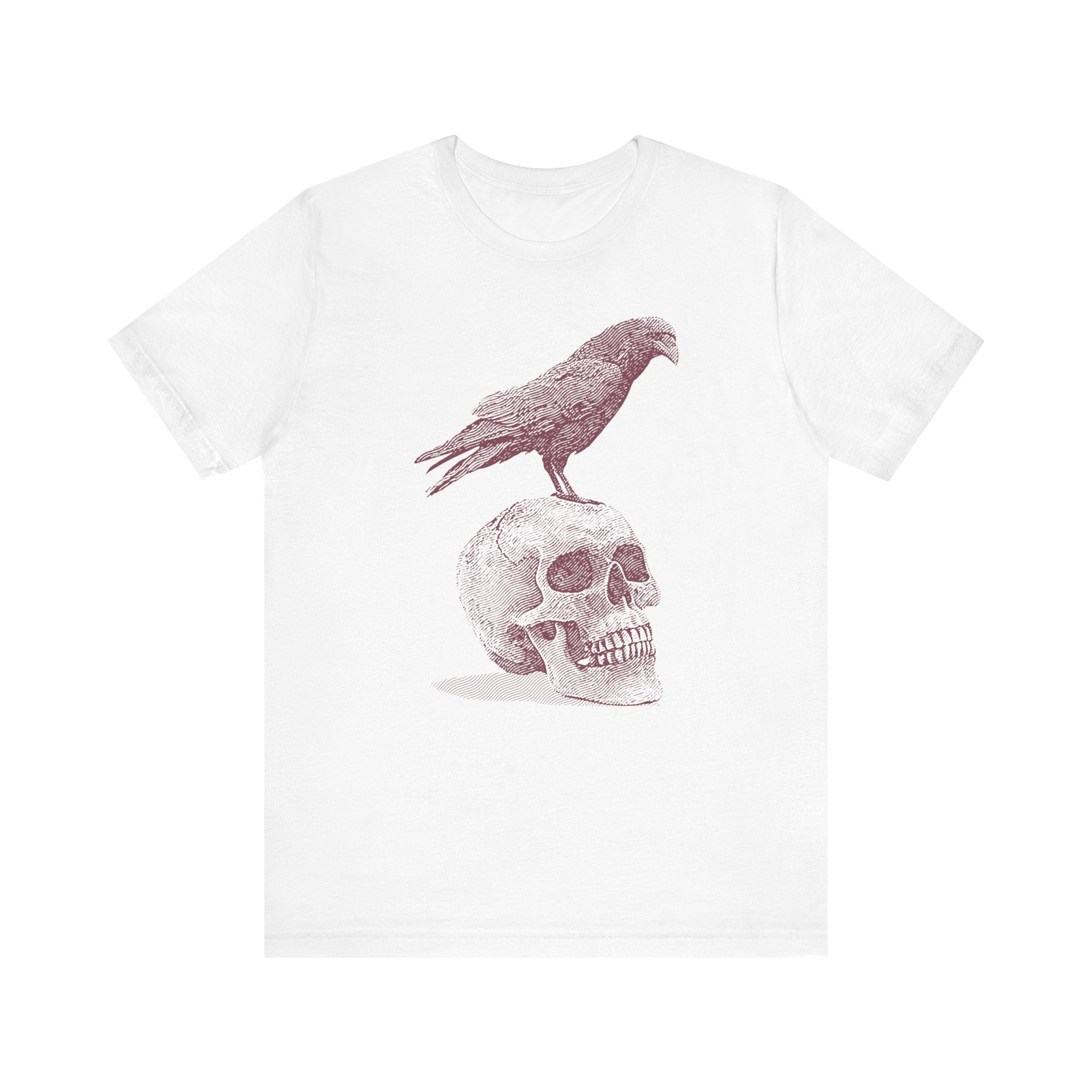 Crow on Skull Woodcut Design T-Shirt | Gothic Art Graphic Tee - Deez Teez