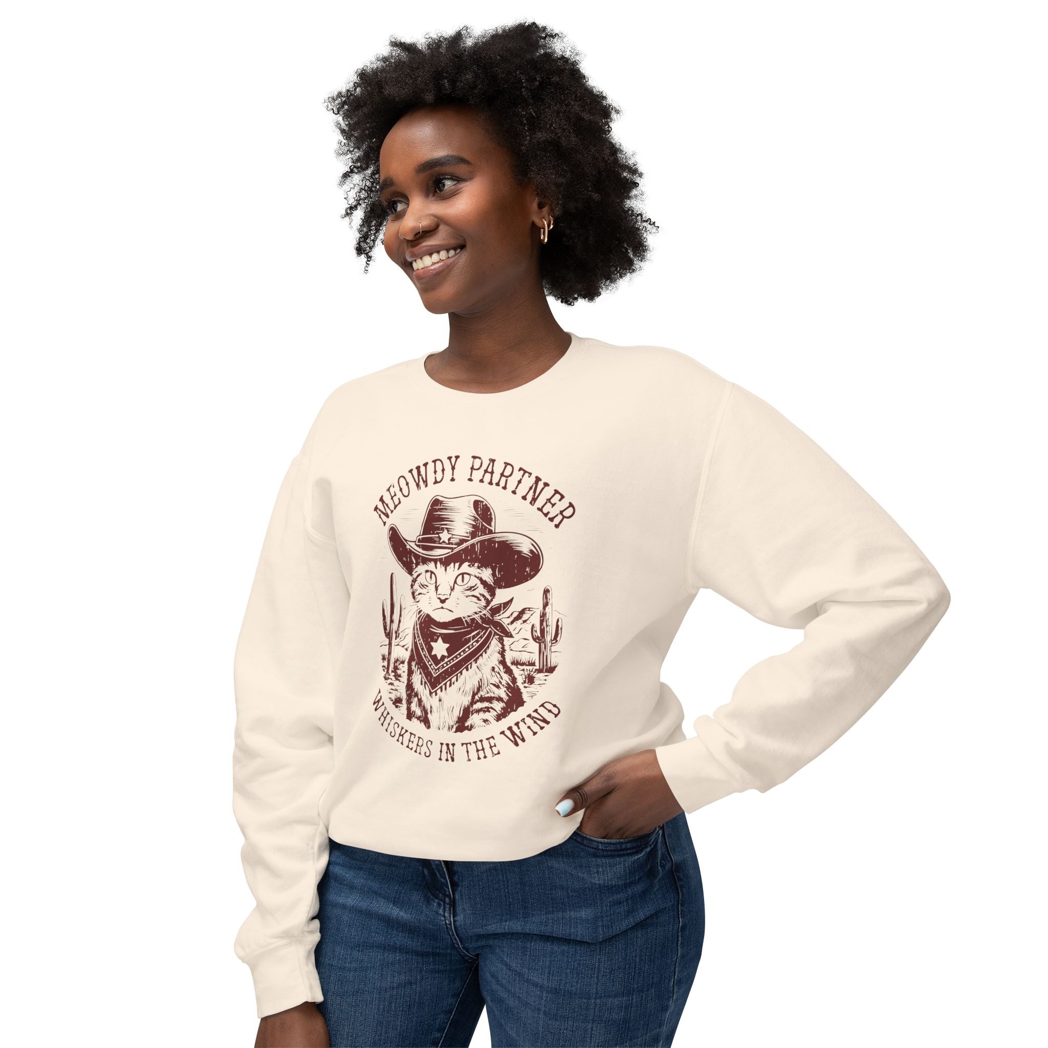 "Meowdy Partner - Whiskers in the Wind" Cowboy Western Theme Cat Lover Rodeo Design Sweatshirt - Deez Teez