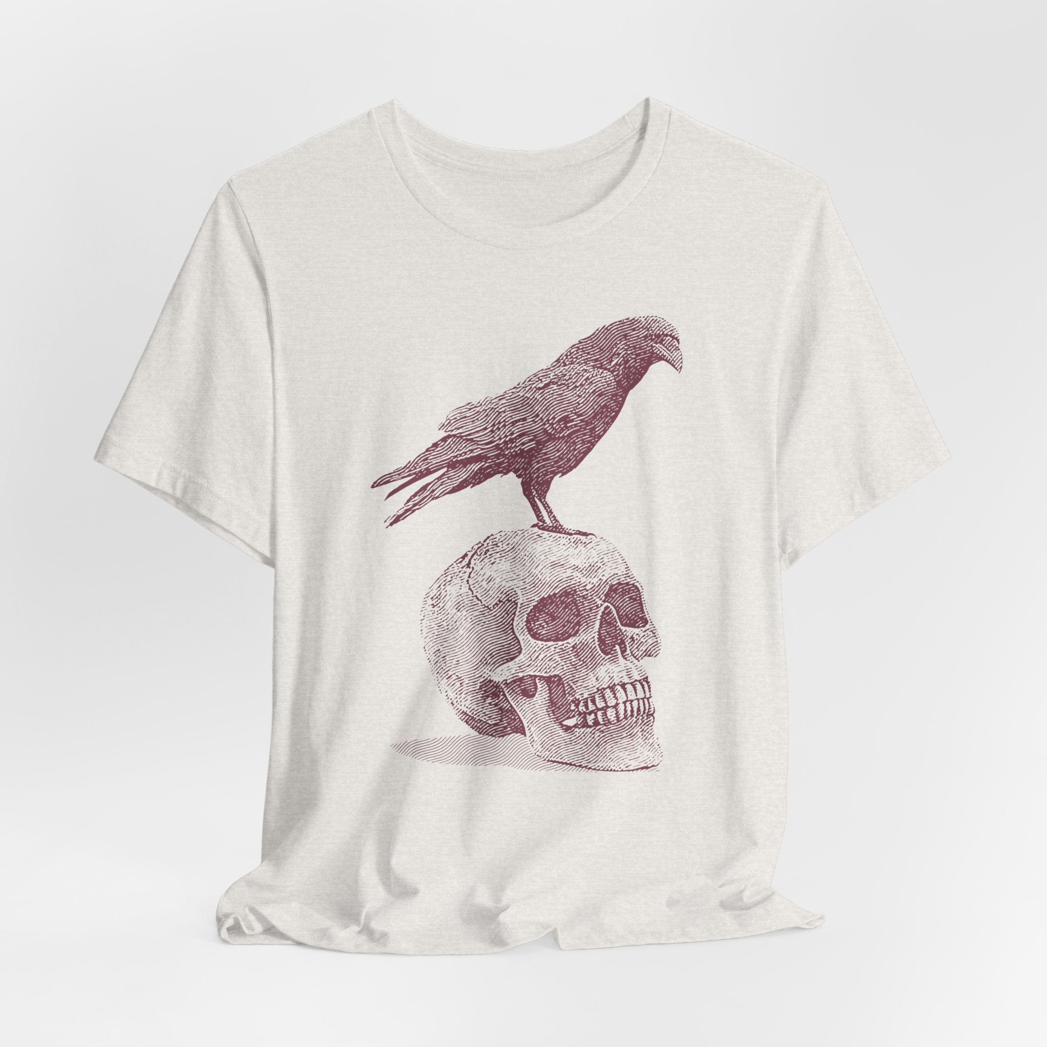 Crow on Skull Woodcut Design T-Shirt | Gothic Art Graphic Tee - Deez Teez