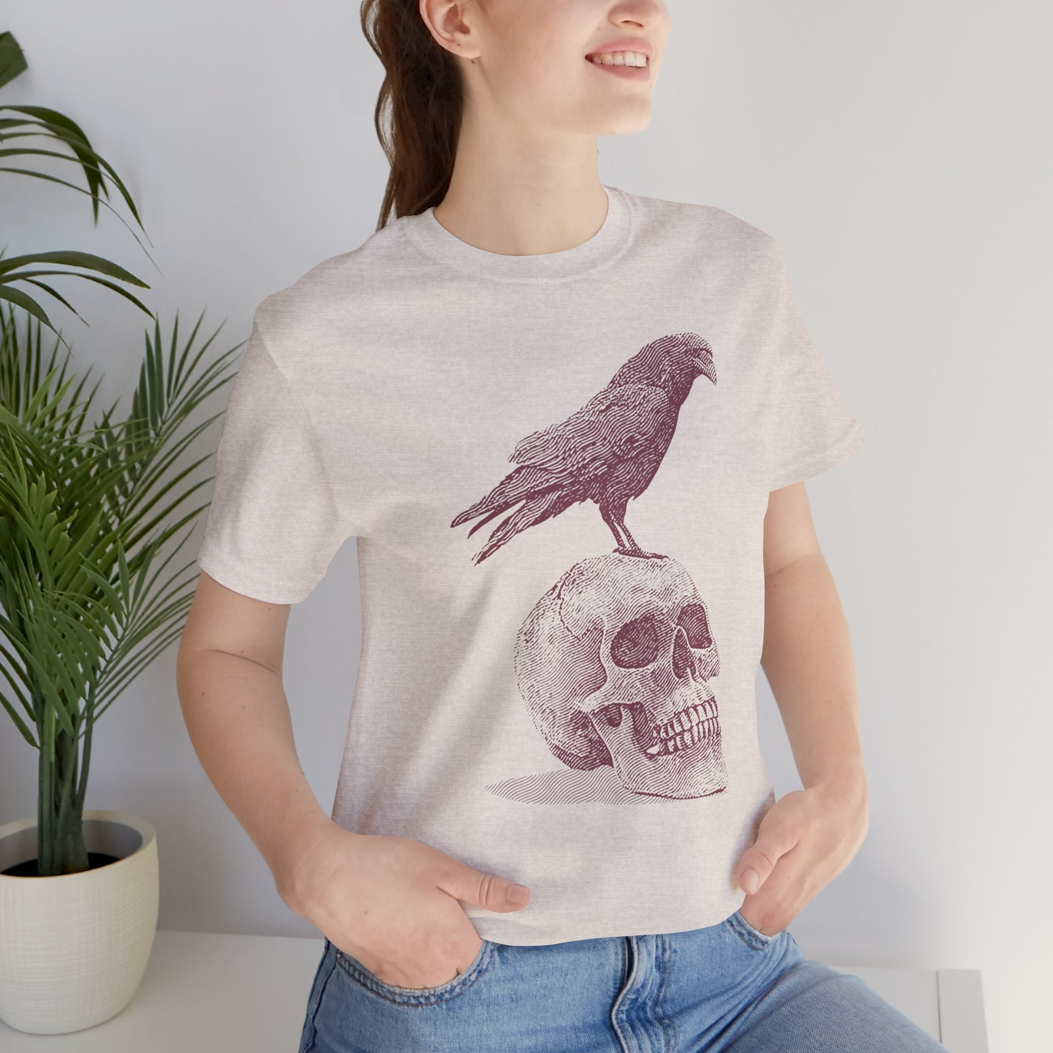 Crow on Skull Woodcut Design T-Shirt | Gothic Art Graphic Tee - Deez Teez