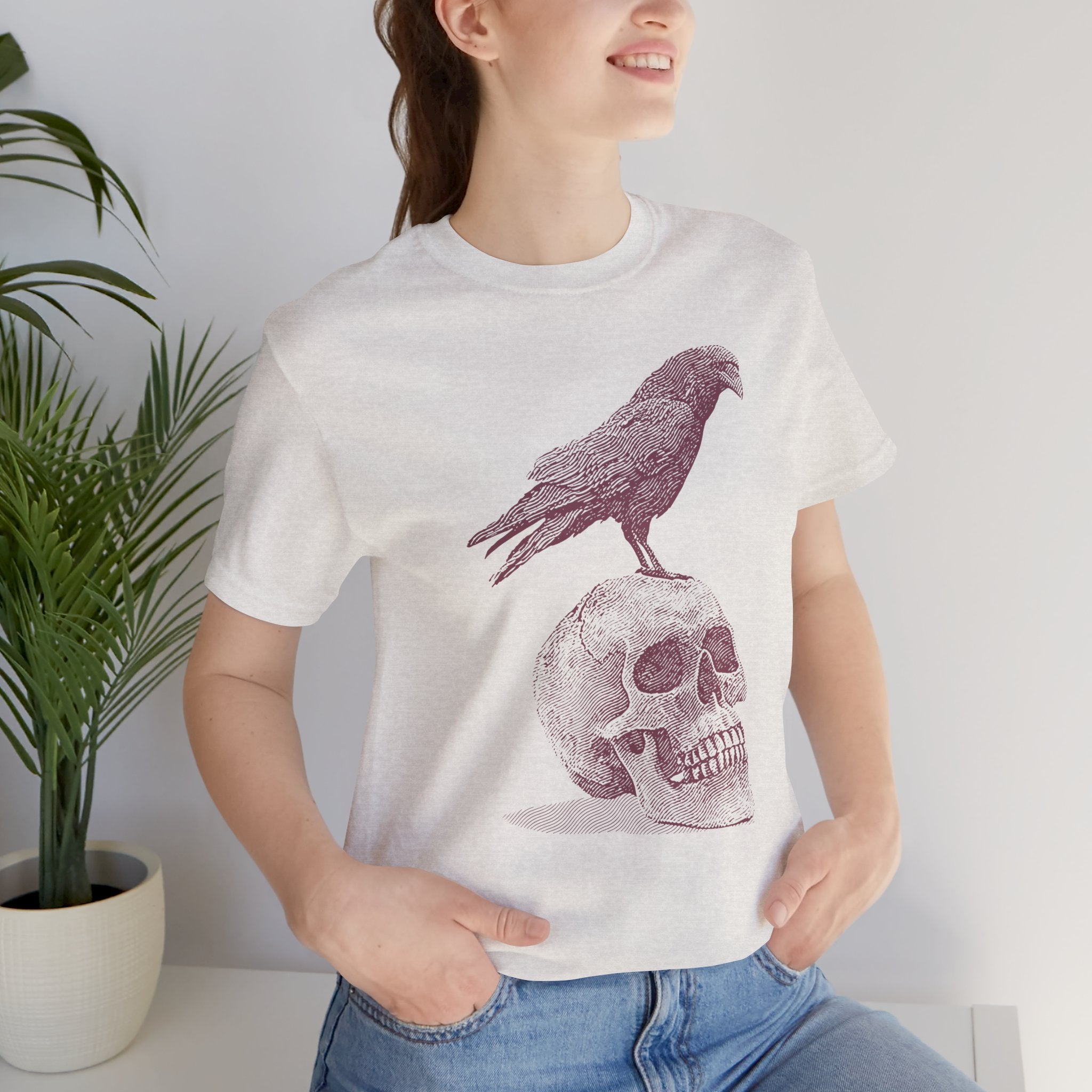 Crow on Skull Woodcut Design T-Shirt | Gothic Art Graphic Tee - Deez Teez