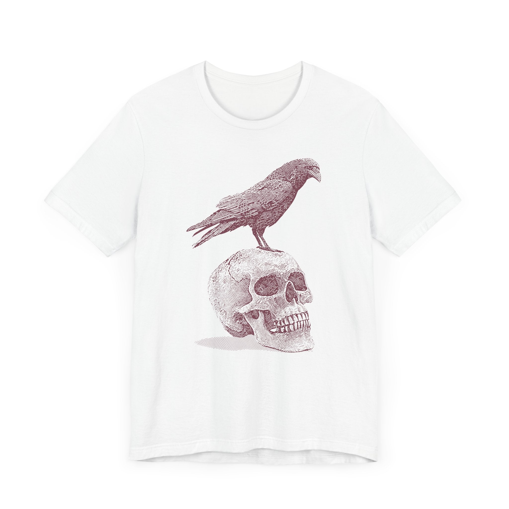 Crow on Skull Woodcut Design T-Shirt | Gothic Art Graphic Tee - Deez Teez