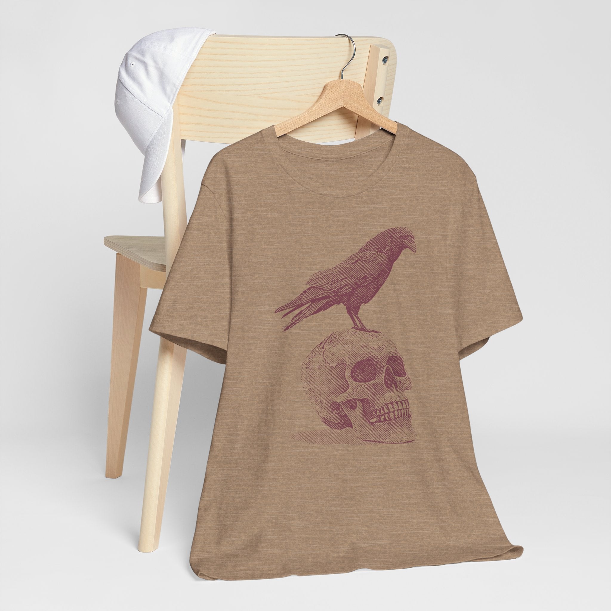 Crow on Skull Woodcut Design T-Shirt | Gothic Art Graphic Tee - Deez Teez