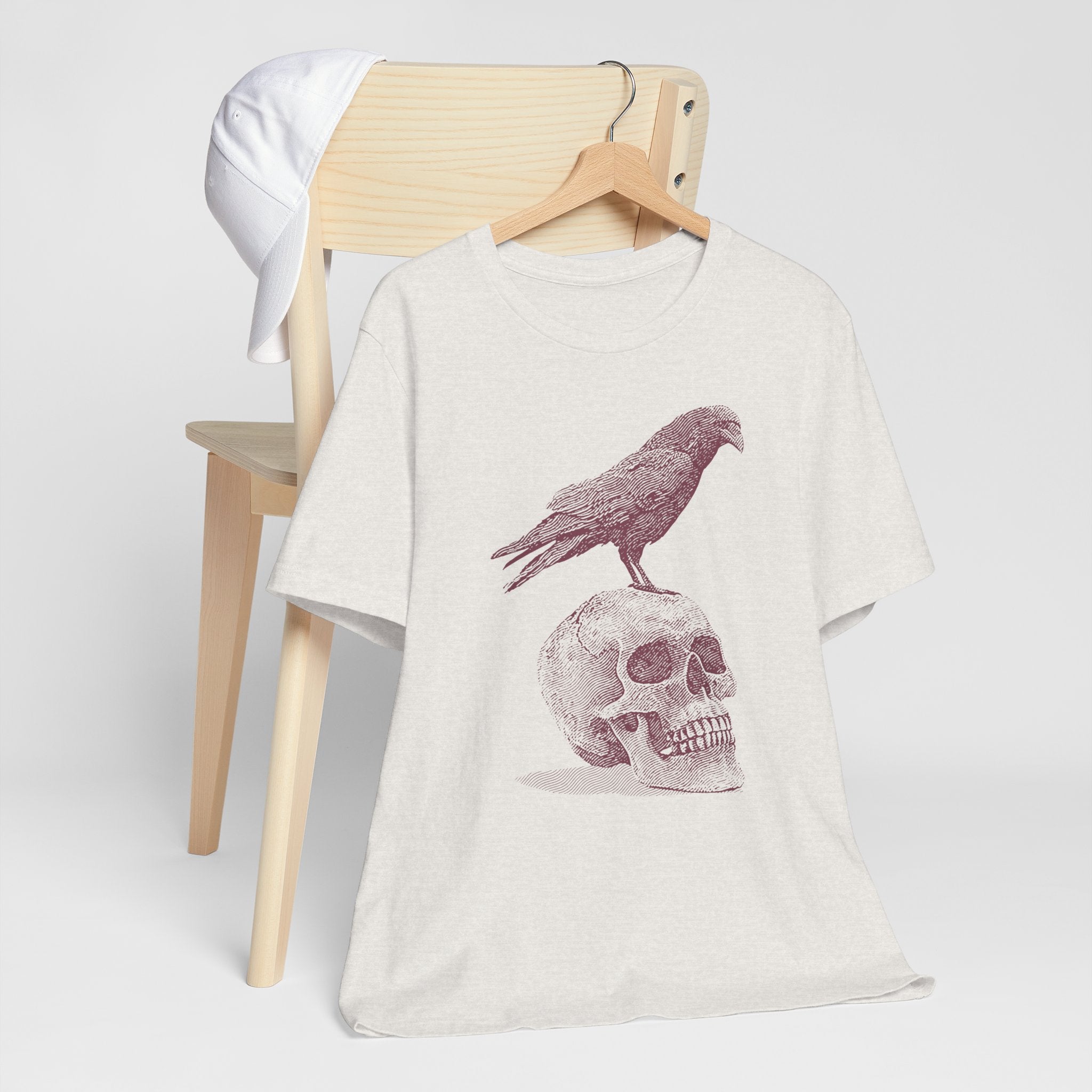 Crow on Skull Woodcut Design T-Shirt | Gothic Art Graphic Tee - Deez Teez