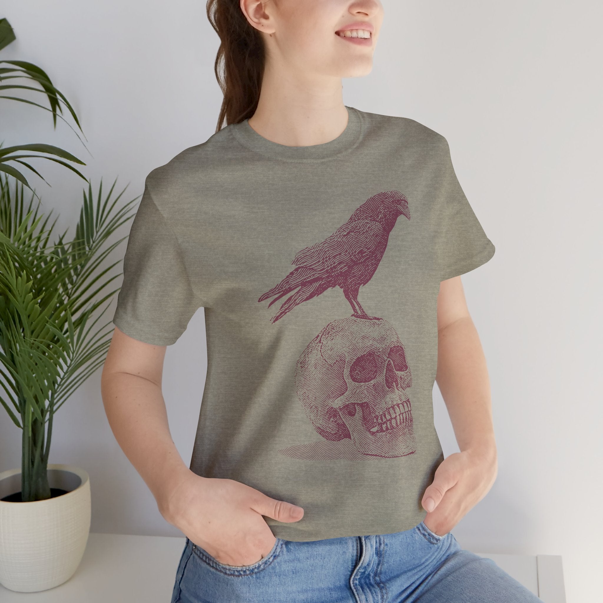 Crow on Skull Woodcut Design T-Shirt | Gothic Art Graphic Tee - Deez Teez