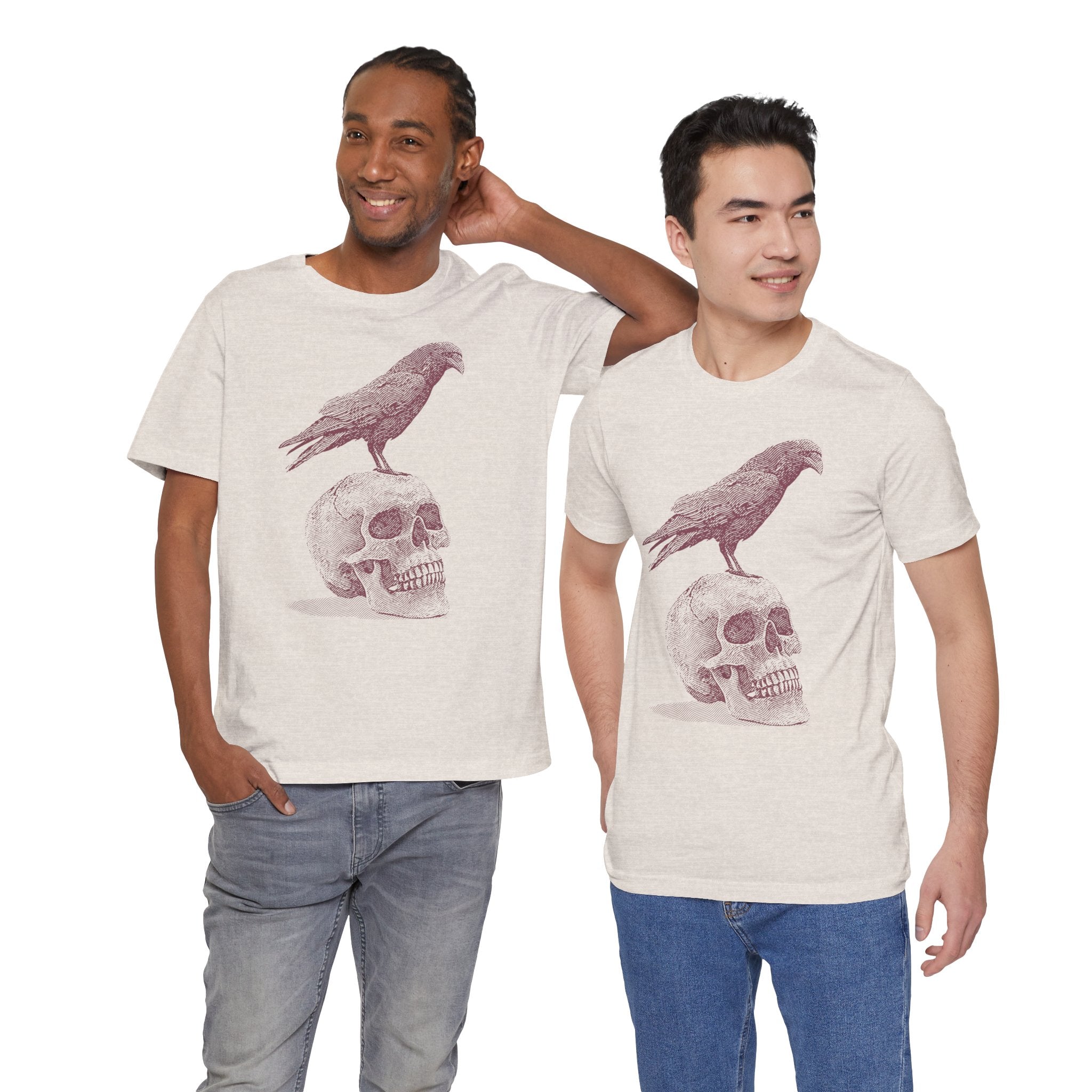 Crow on Skull Woodcut Design T-Shirt | Gothic Art Graphic Tee - Deez Teez