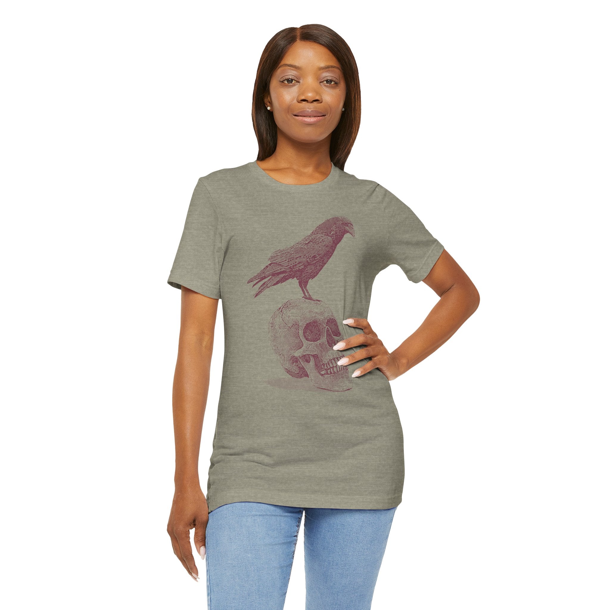 Crow on Skull Woodcut Design T-Shirt | Gothic Art Graphic Tee - Deez Teez