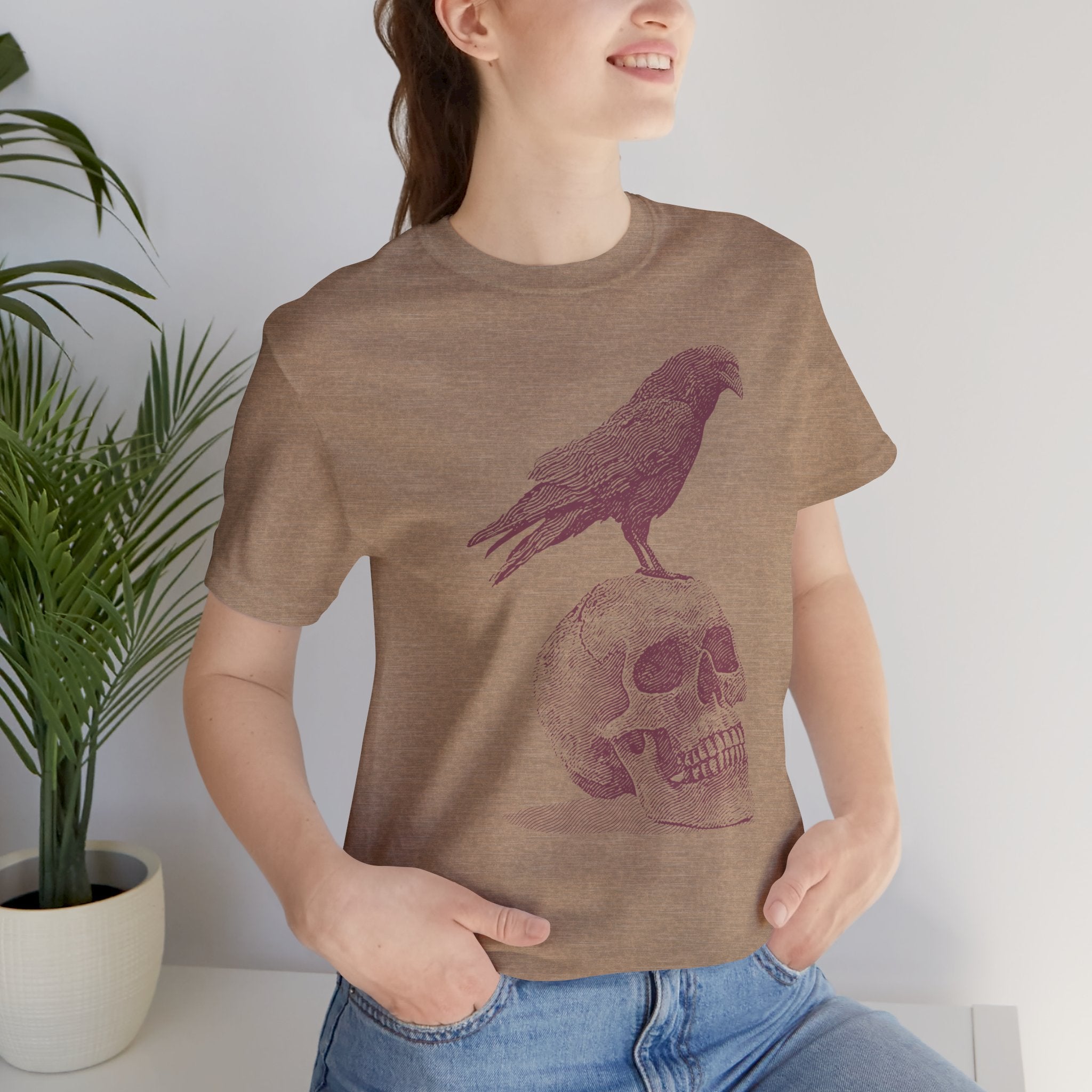 Crow on Skull Woodcut Design T-Shirt | Gothic Art Graphic Tee - Deez Teez