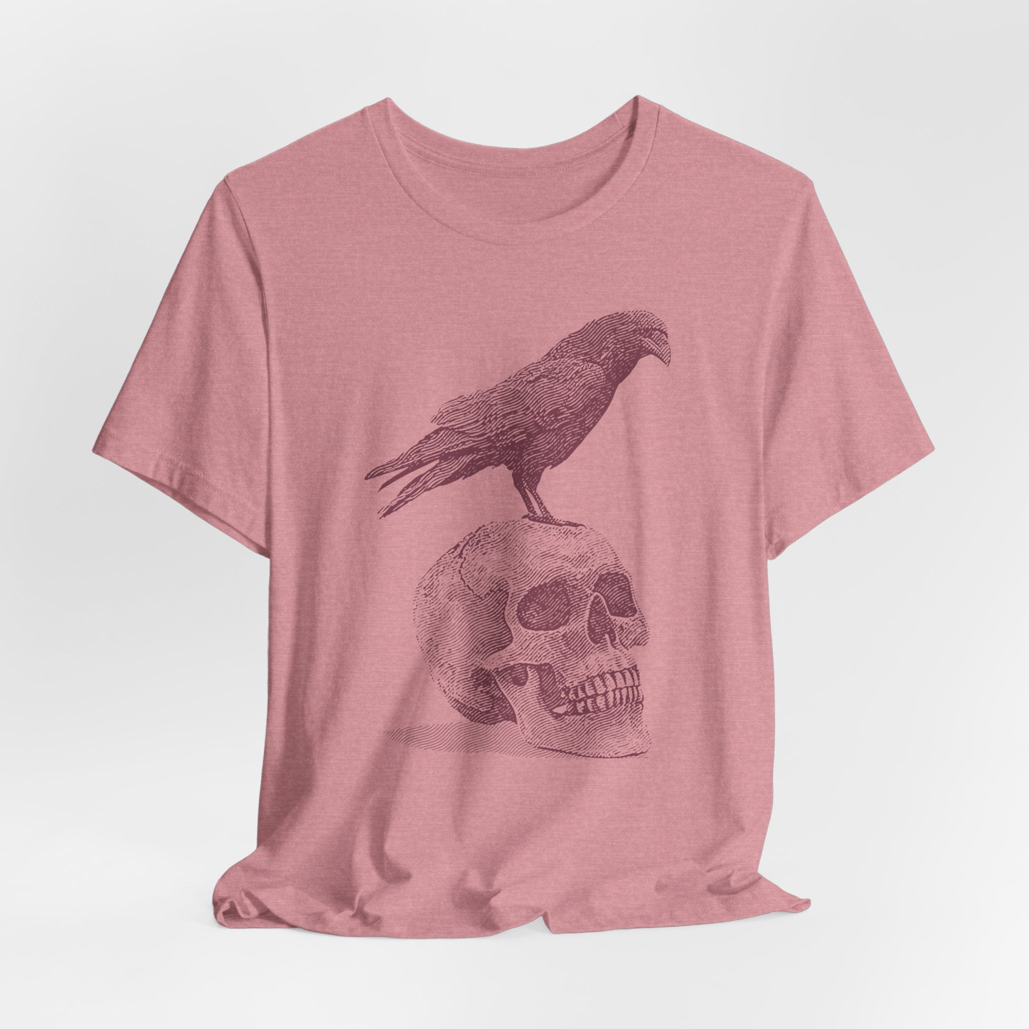 Crow on Skull Woodcut Design T-Shirt | Gothic Art Graphic Tee - Deez Teez
