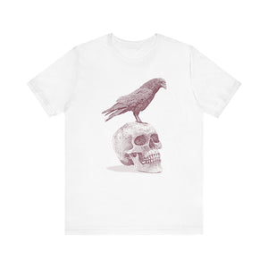 Crow on Skull Woodcut Design T-Shirt | Gothic Art Graphic Tee - Deez Teez