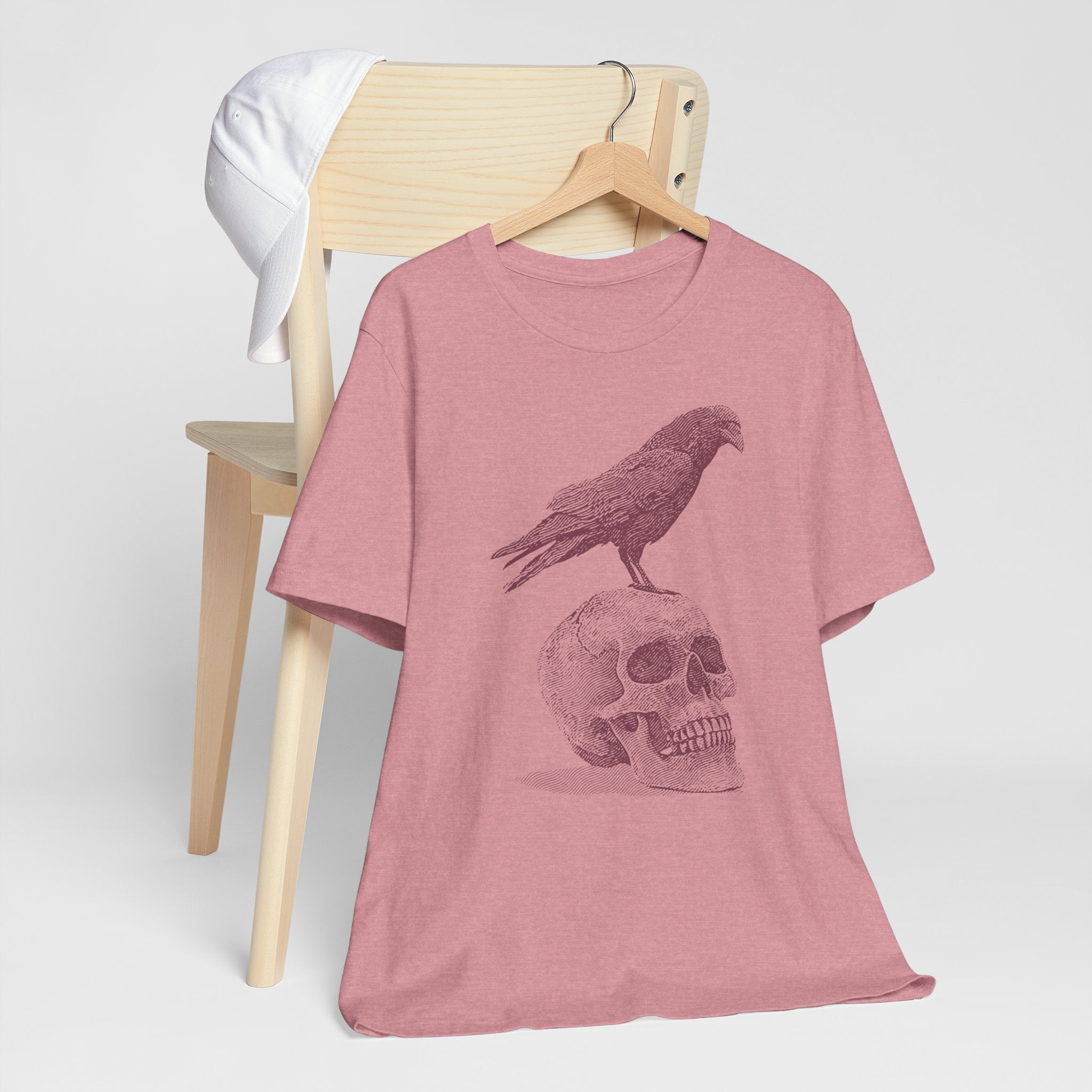 Crow on Skull Woodcut Design T-Shirt | Gothic Art Graphic Tee - Deez Teez