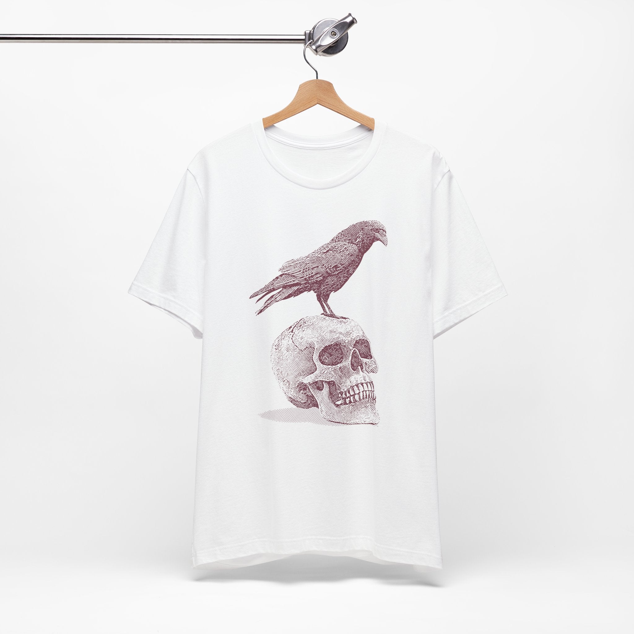 Crow on Skull Woodcut Design T-Shirt | Gothic Art Graphic Tee - Deez Teez
