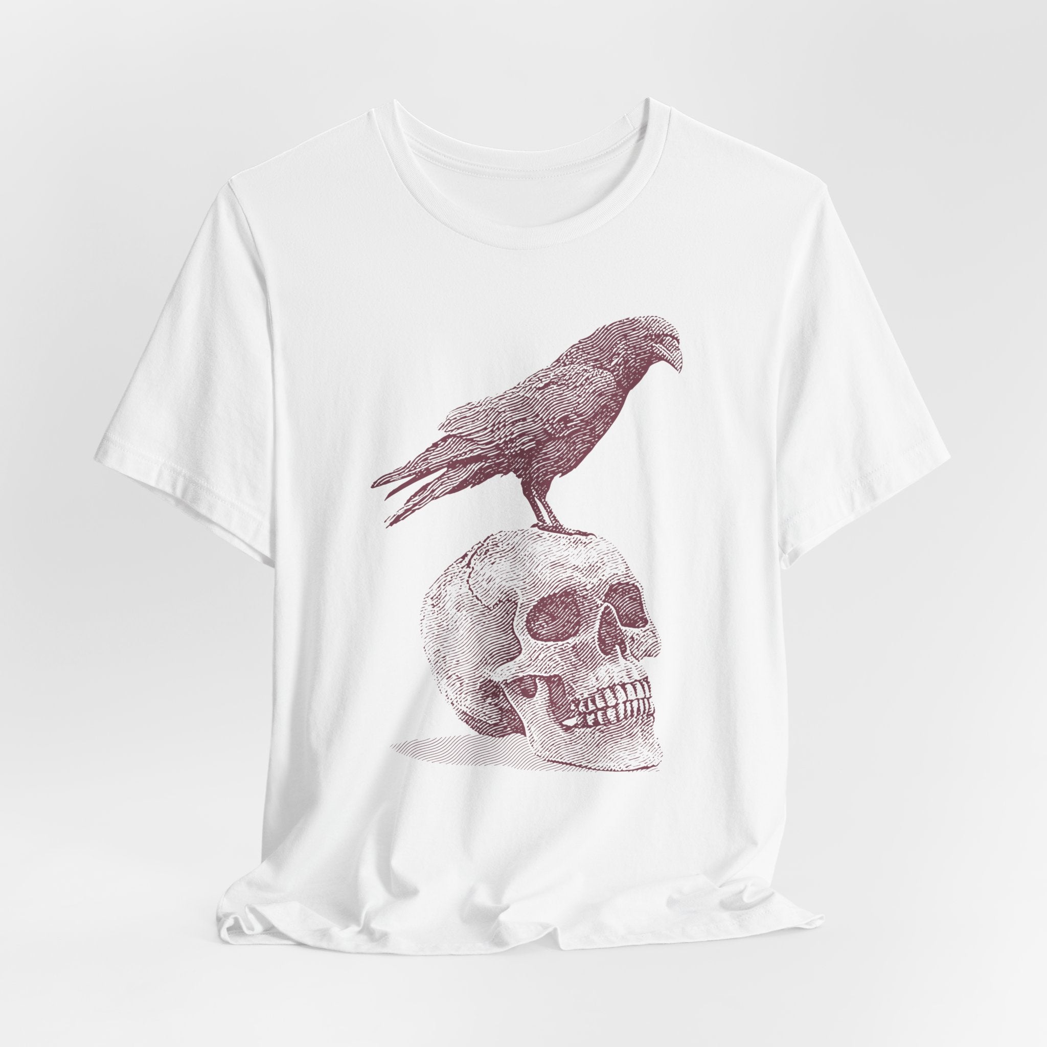 Crow on Skull Woodcut Design T-Shirt | Gothic Art Graphic Tee - Deez Teez