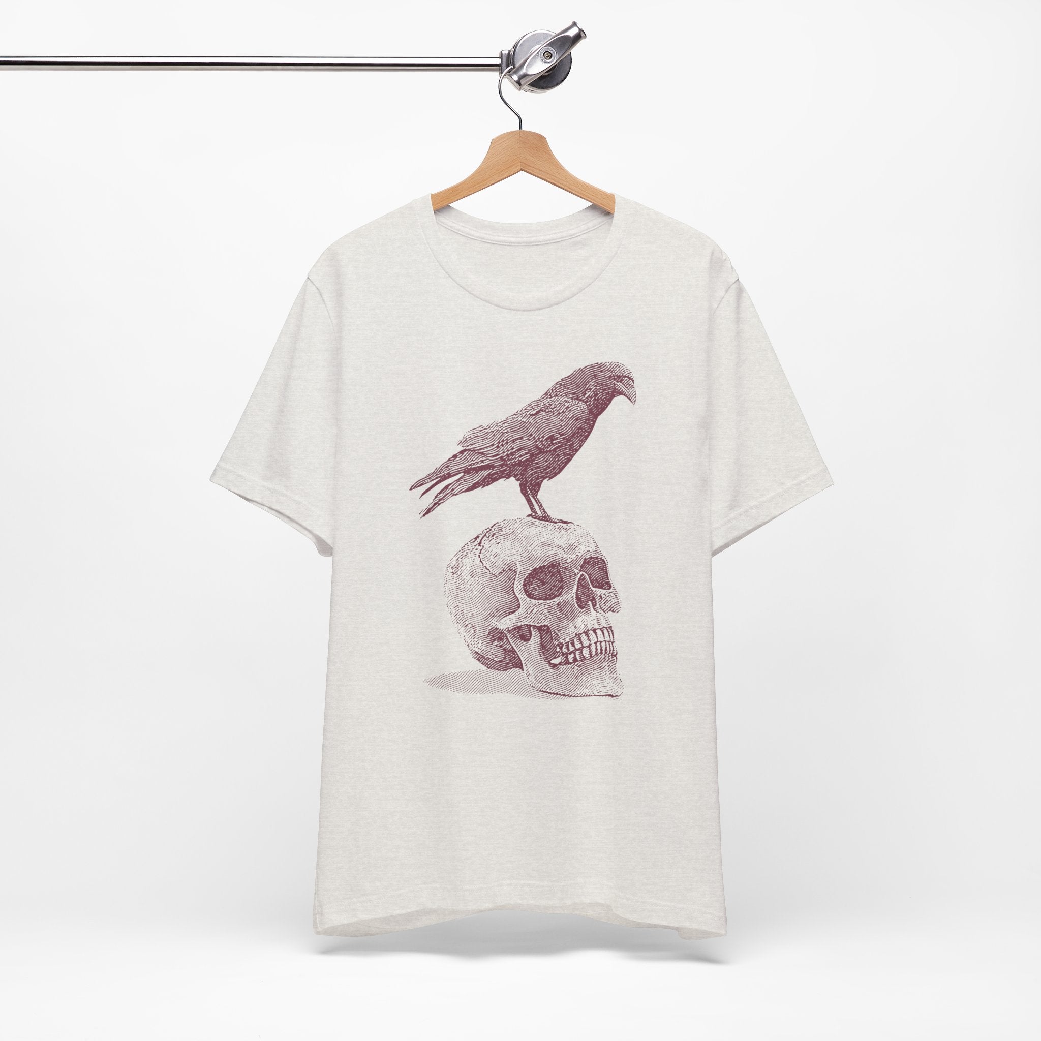 Crow on Skull Woodcut Design T-Shirt | Gothic Art Graphic Tee - Deez Teez