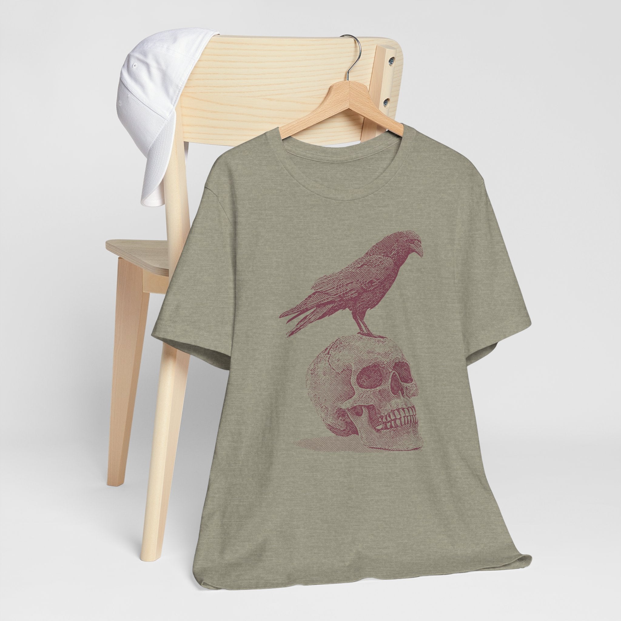 Crow on Skull Woodcut Design T-Shirt | Gothic Art Graphic Tee - Deez Teez