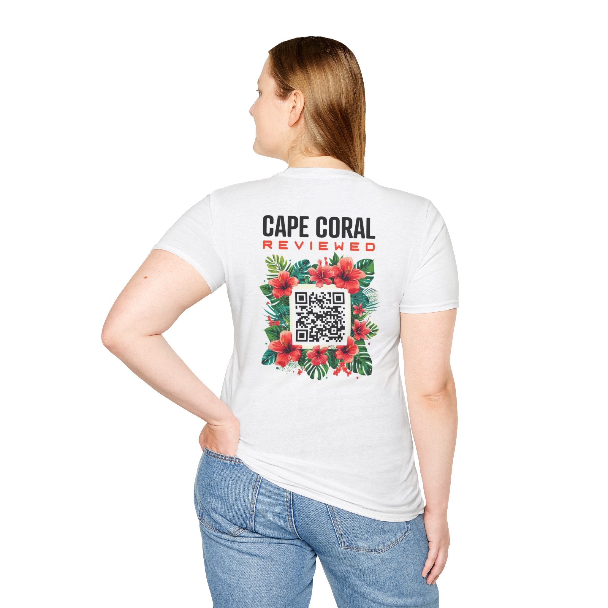 Cape Coral Reviewed T-Shirt — QR Code Tropical Floral Tee - Deez Teez
