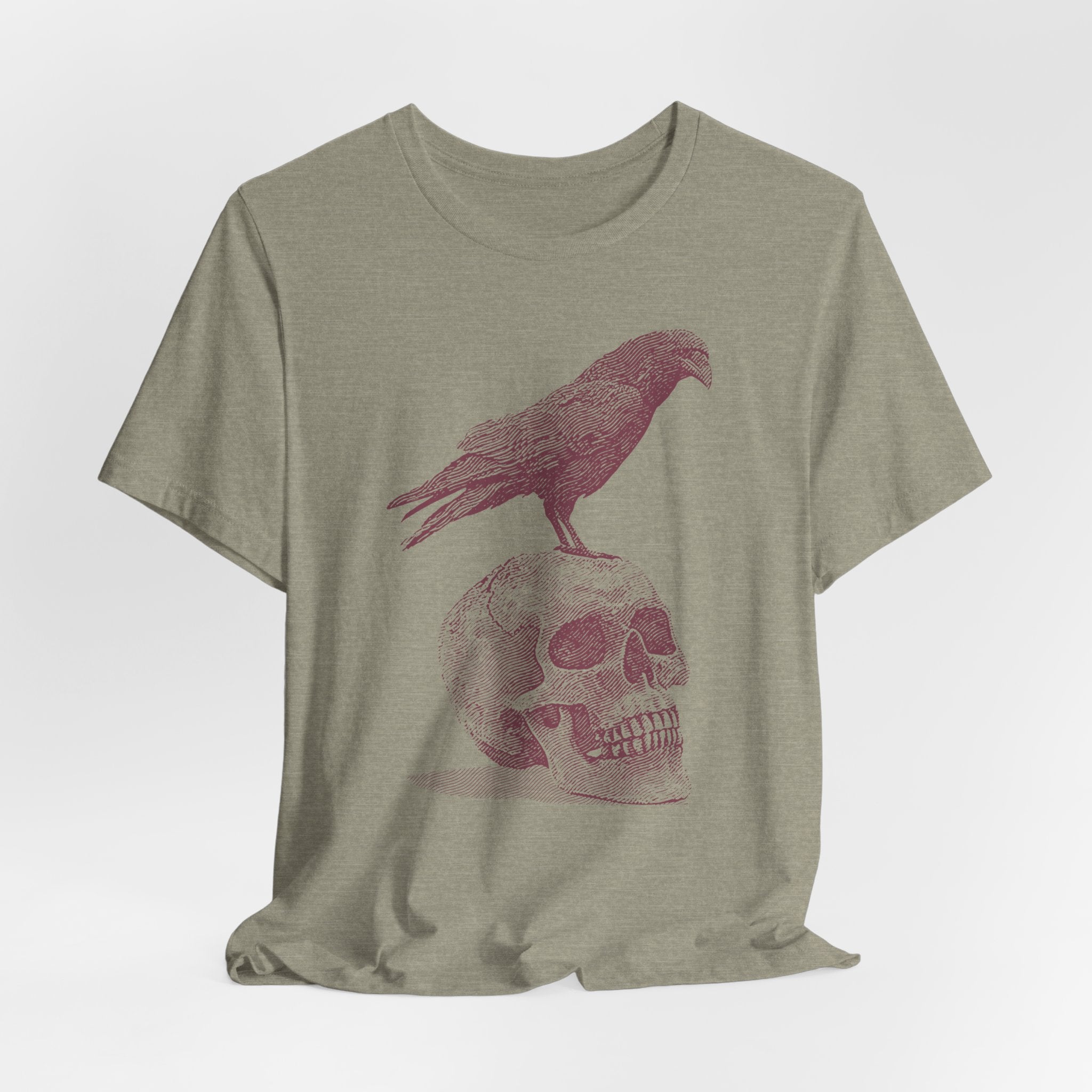 Crow on Skull Woodcut Design T-Shirt | Gothic Art Graphic Tee - Deez Teez