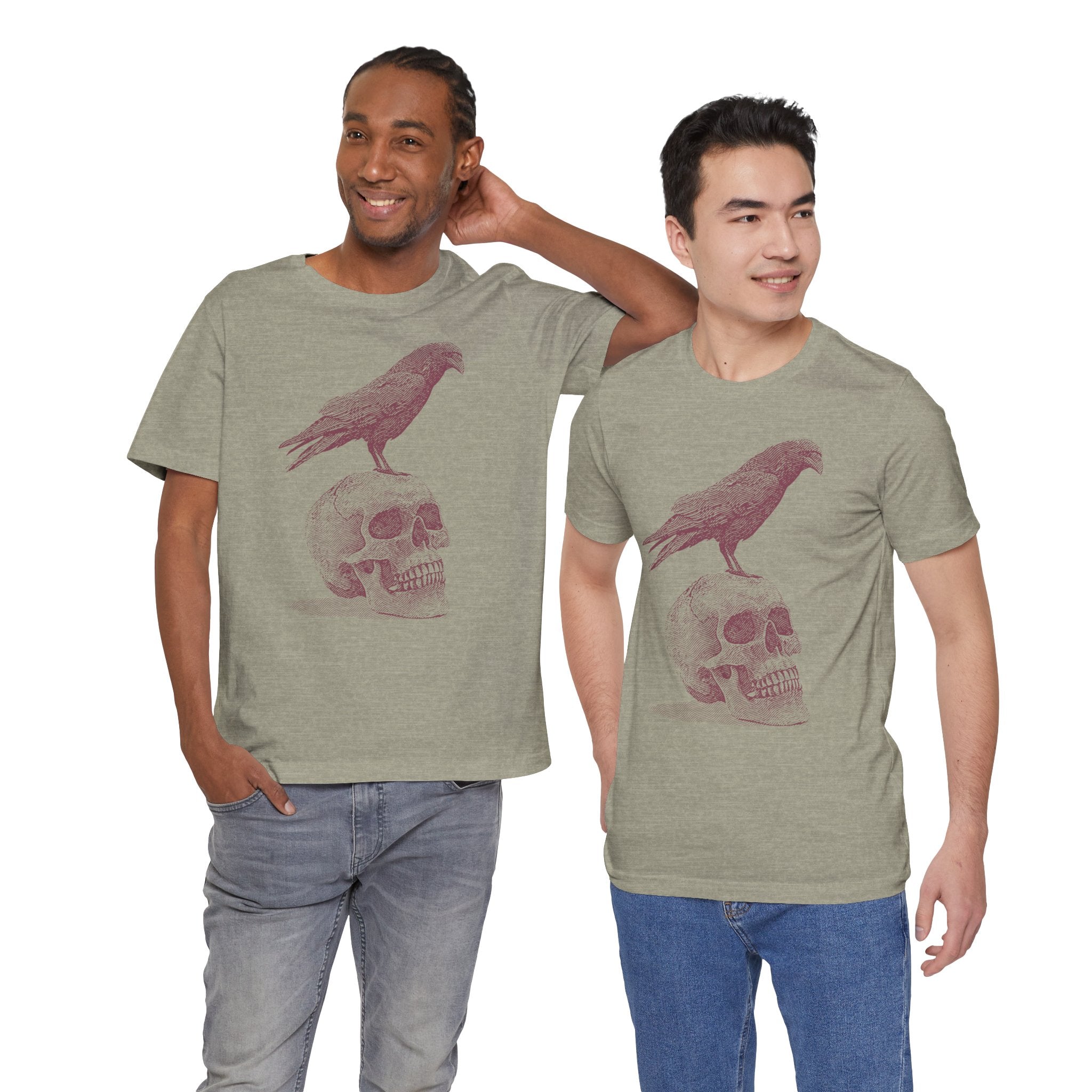 Crow on Skull Woodcut Design T-Shirt | Gothic Art Graphic Tee - Deez Teez