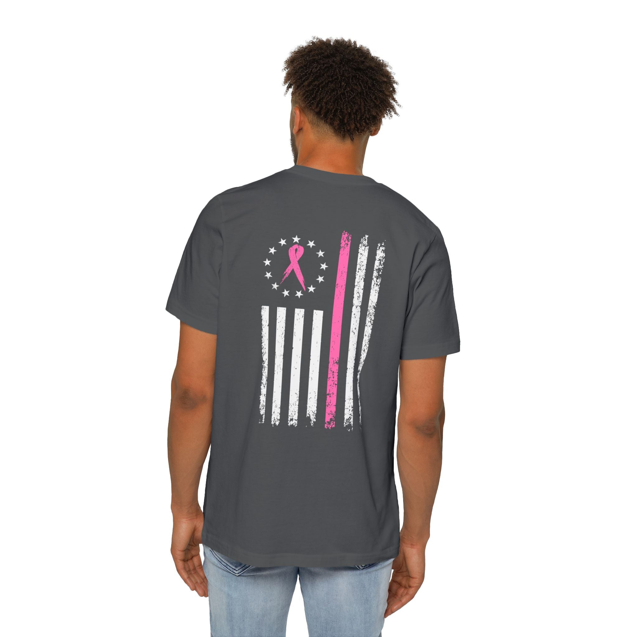 US Flag Pink Stripe Breast Cancer Awareness Support T-Shirt | Think Pink Line Graphic Tee - Deez Teez