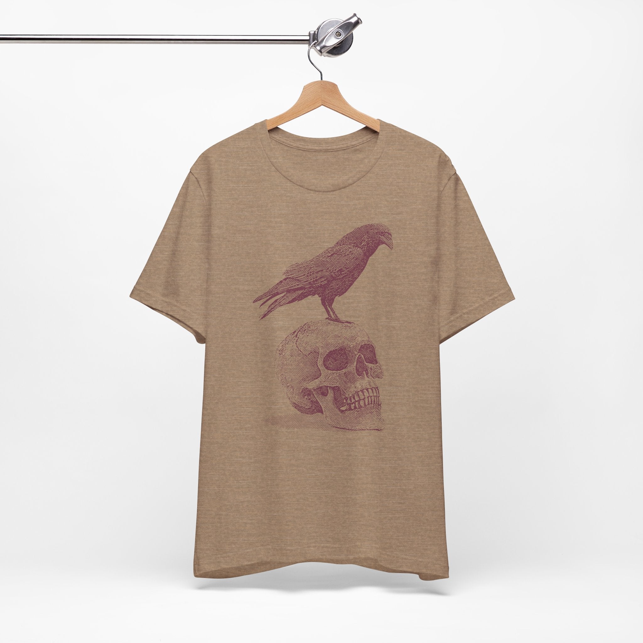 Crow on Skull Woodcut Design T-Shirt | Gothic Art Graphic Tee - Deez Teez