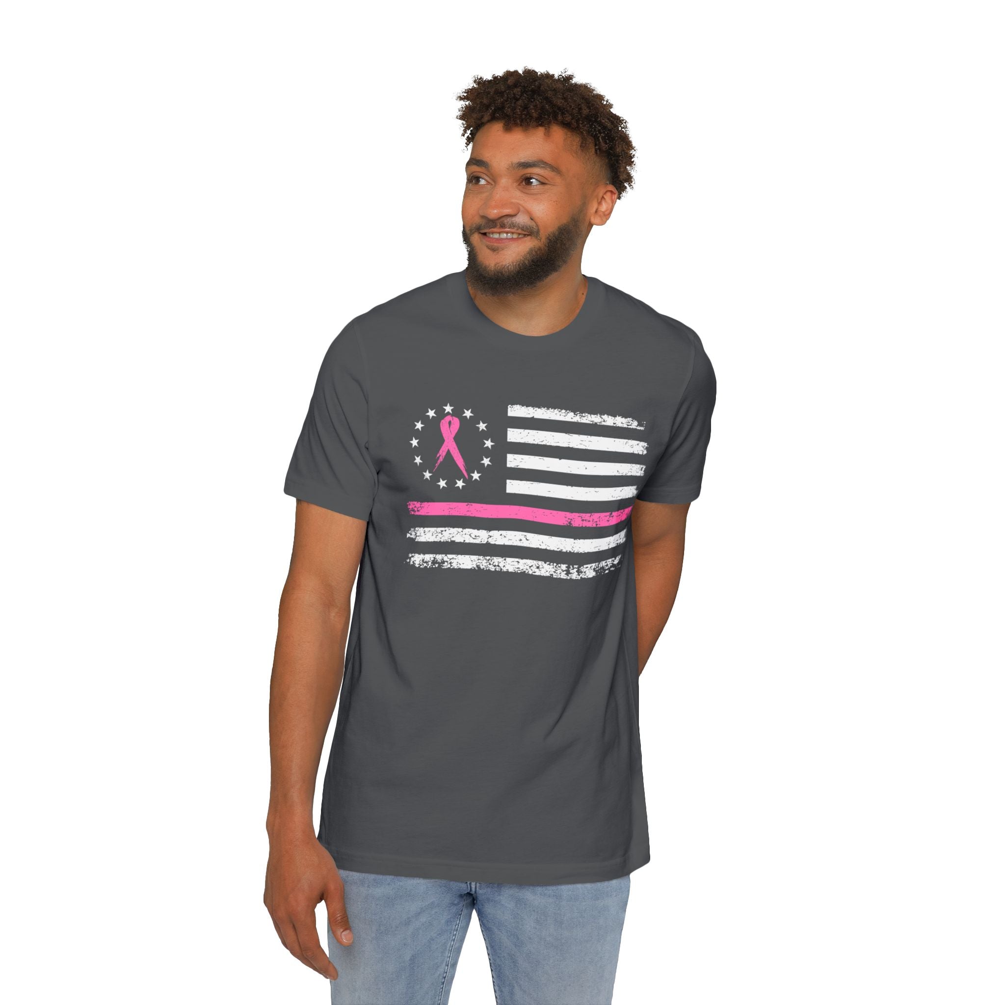 US Flag Pink Stripe Breast Cancer Awareness Support T-Shirt | Think Pink Line Graphic Tee - Deez Teez
