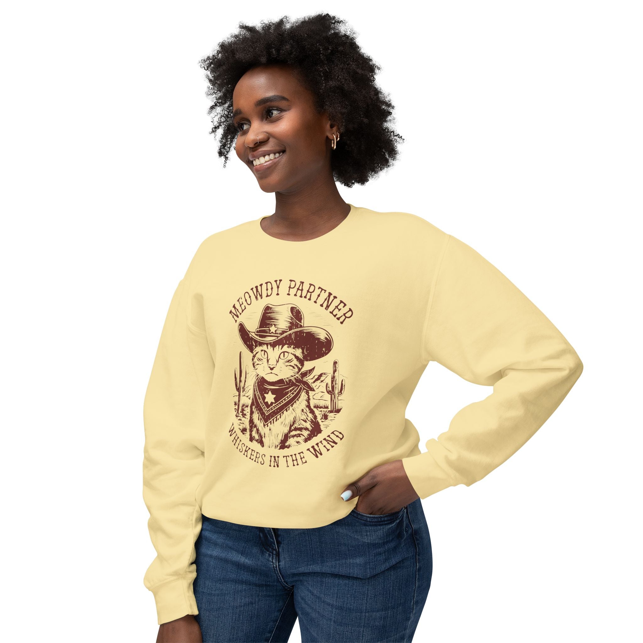 "Meowdy Partner - Whiskers in the Wind" Cowboy Western Theme Cat Lover Rodeo Design Sweatshirt - Deez Teez