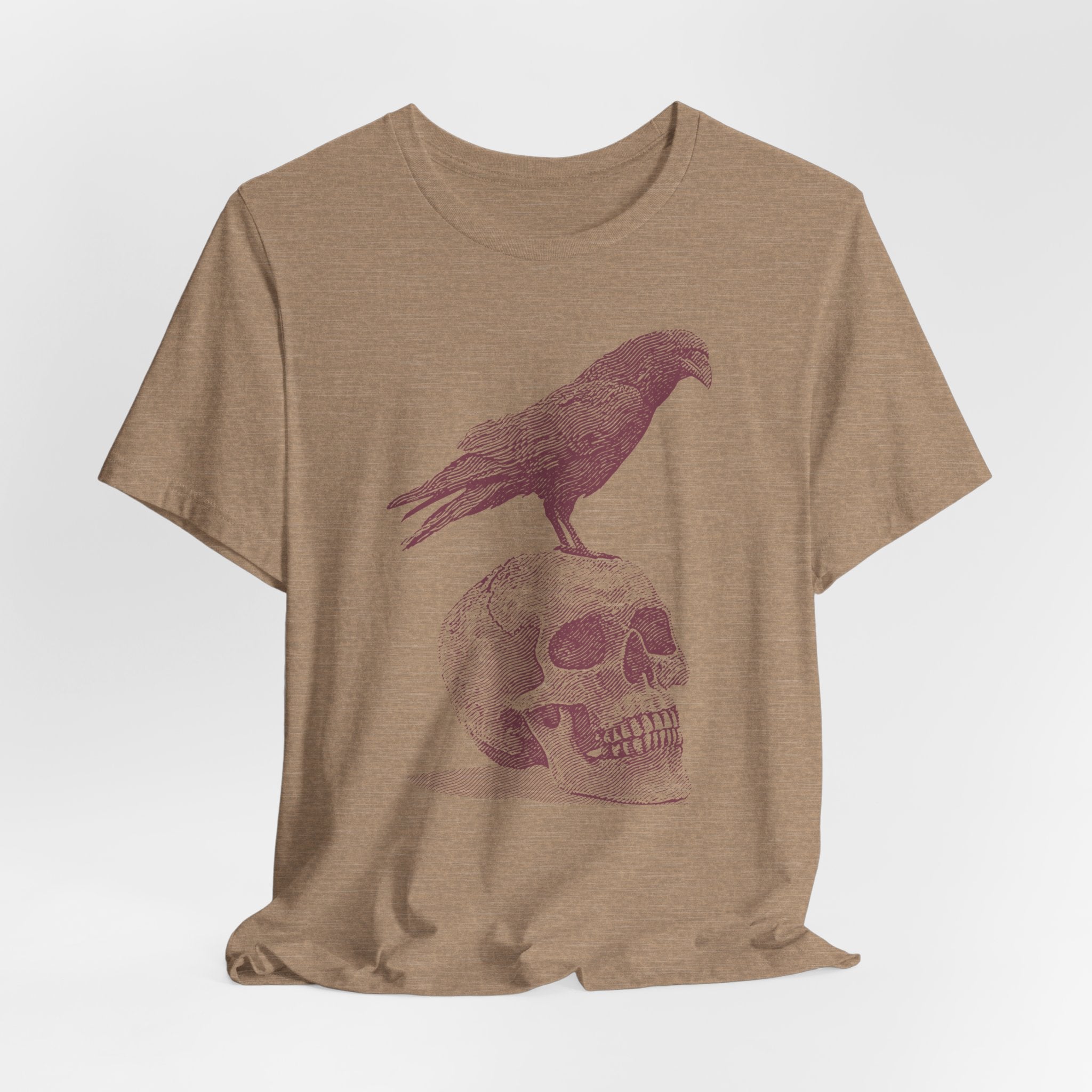 Crow on Skull Woodcut Design T-Shirt | Gothic Art Graphic Tee - Deez Teez