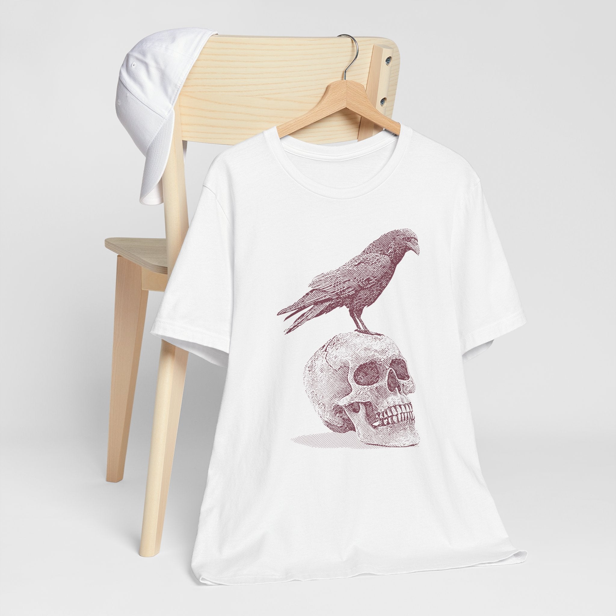 Crow on Skull Woodcut Design T-Shirt | Gothic Art Graphic Tee - Deez Teez