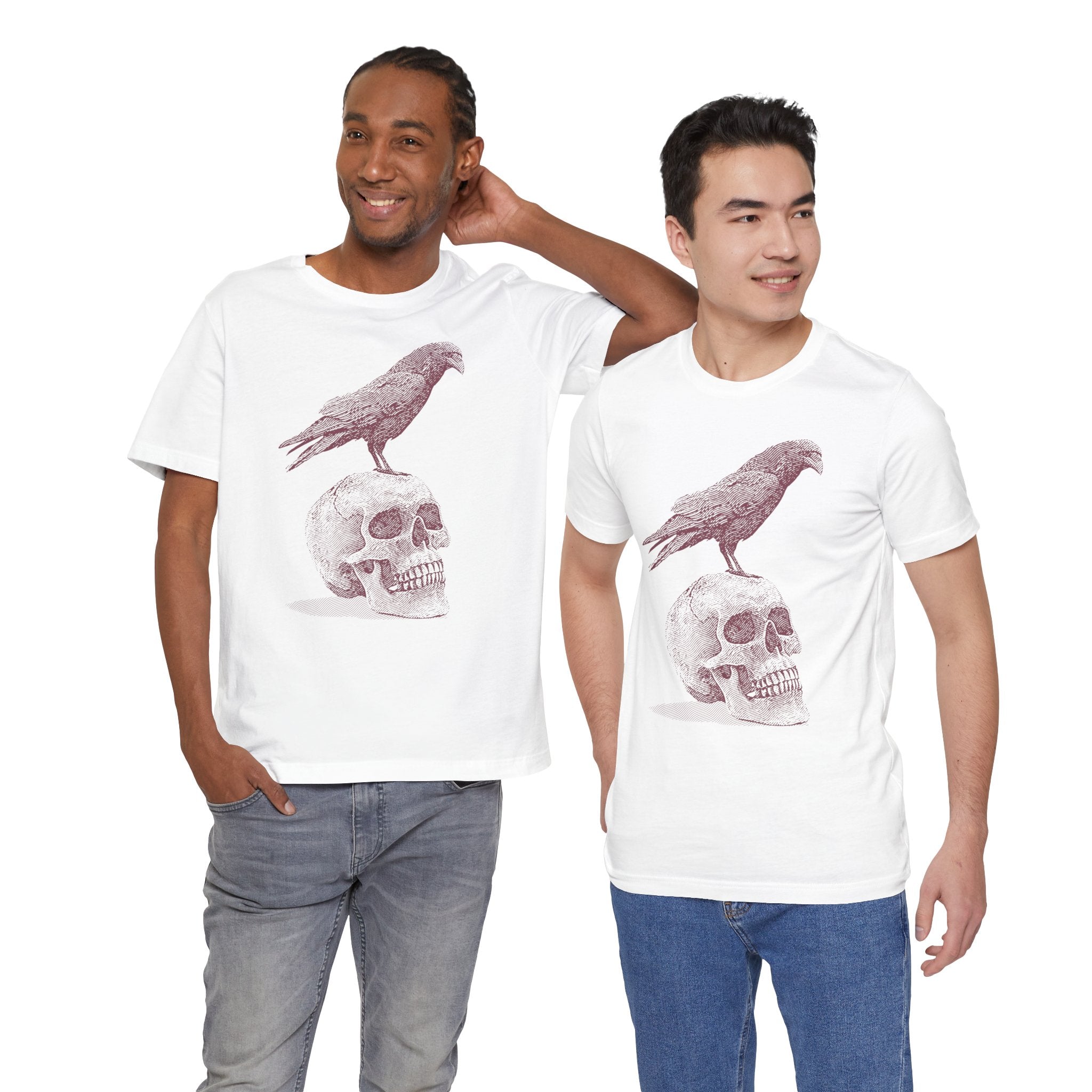 Crow on Skull Woodcut Design T-Shirt | Gothic Art Graphic Tee - Deez Teez