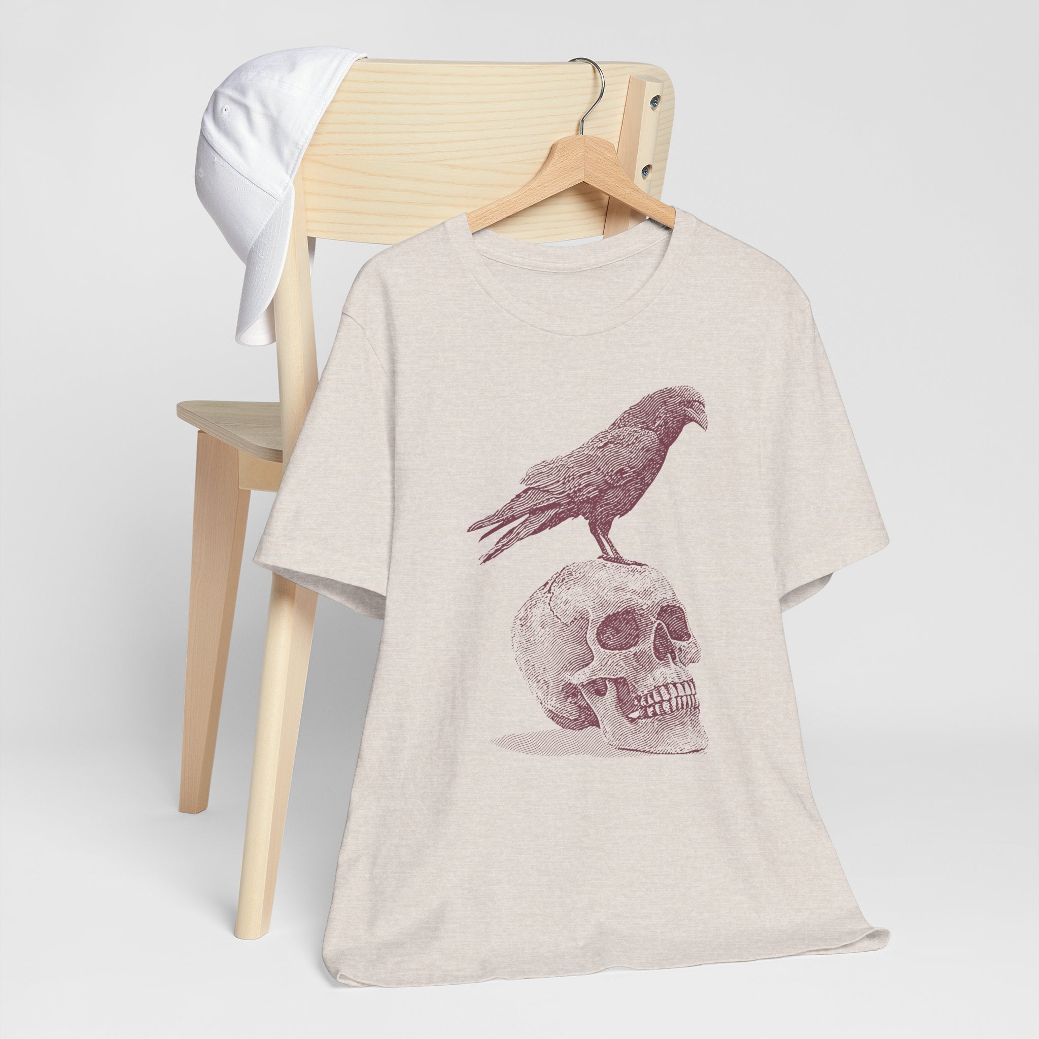 Crow on Skull Woodcut Design T-Shirt | Gothic Art Graphic Tee - Deez Teez