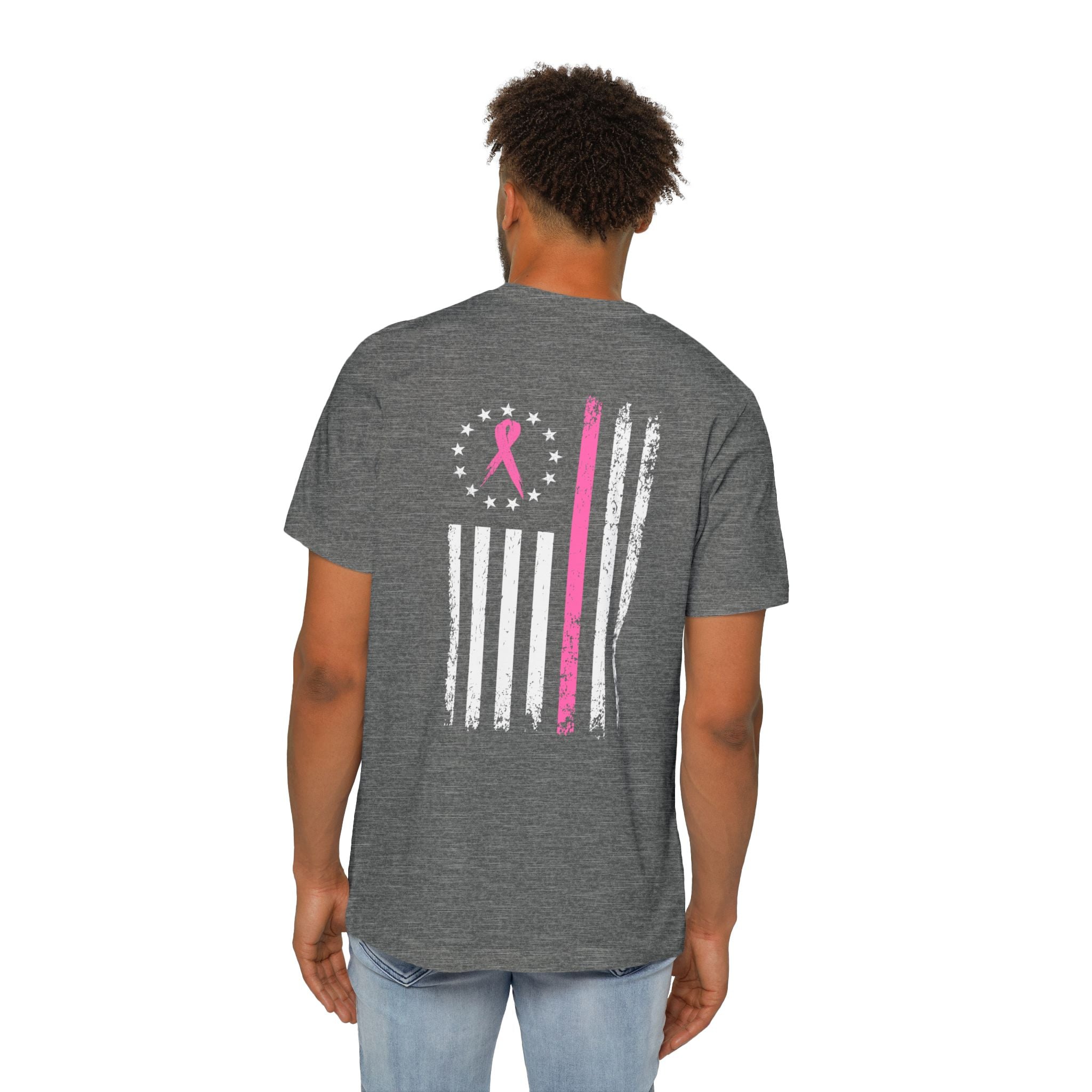 US Flag Pink Stripe Breast Cancer Awareness Support T-Shirt | Think Pink Line Graphic Tee - Deez Teez